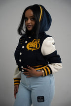 GRADOX cropped varsity jacket with hood, Hope Collection, model wearing size S