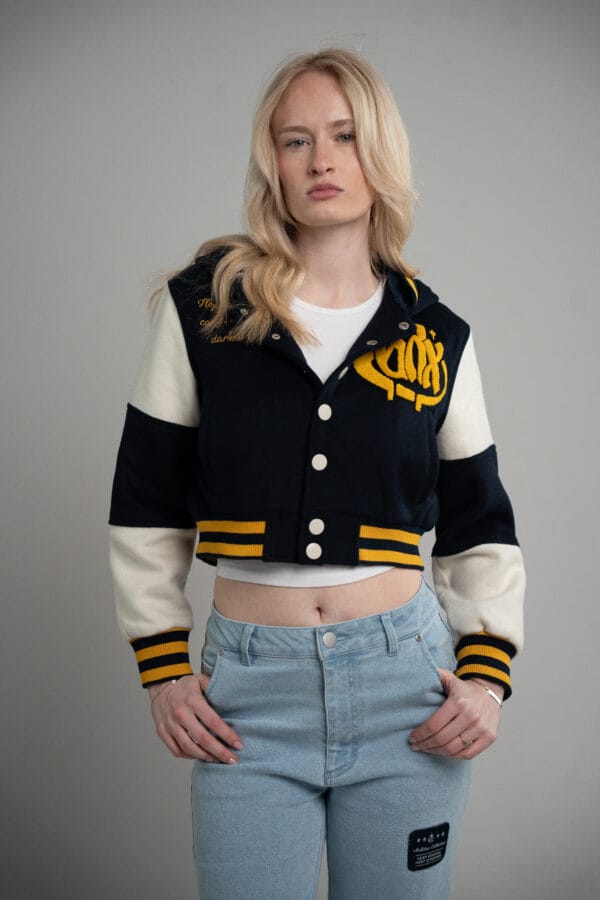 GRADOX cropped varsity jacket, model wearing size M
